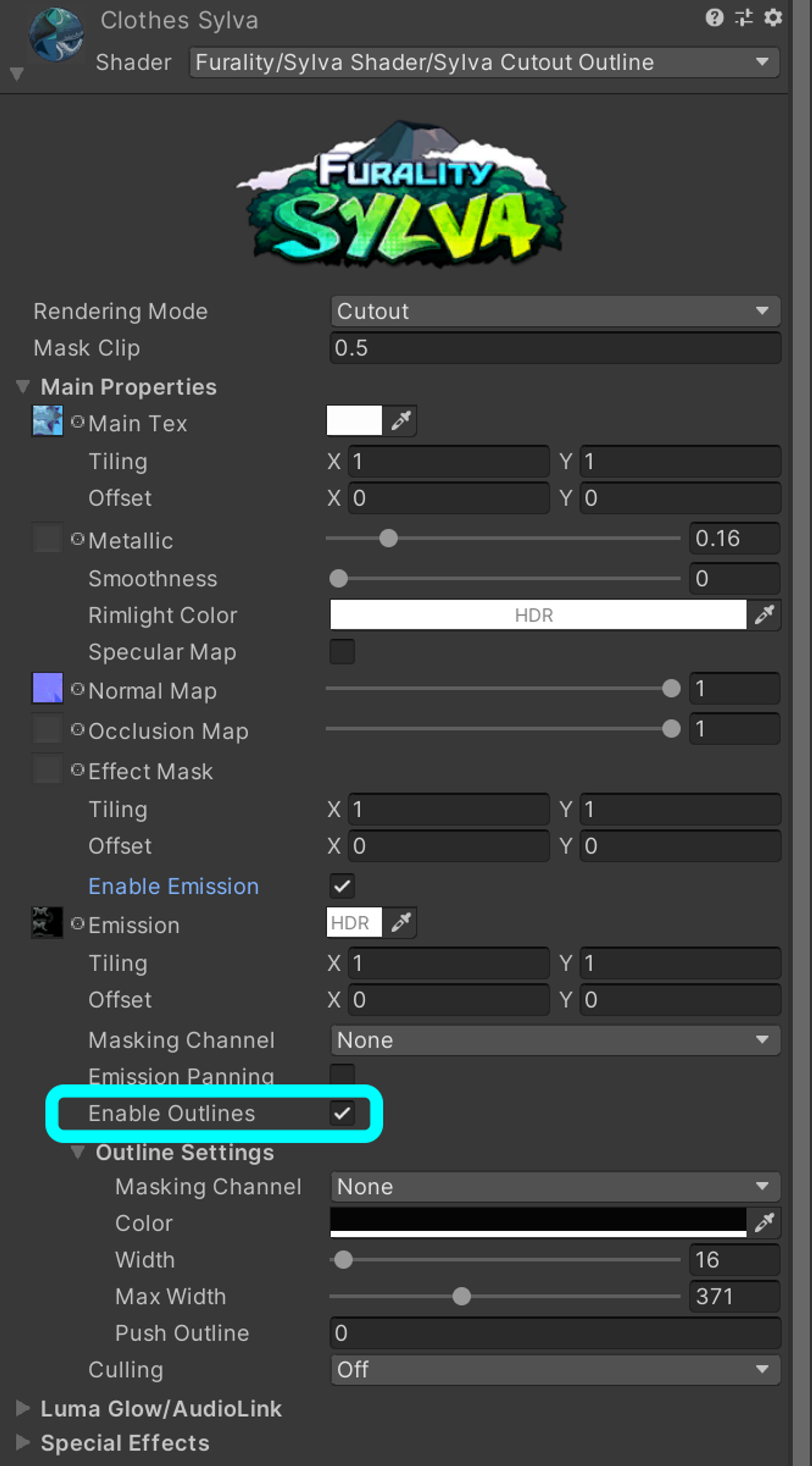 screenshot highlighting the enable outlines option
